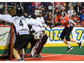 Colorado Mammoths goalie Dillon Ward makes a save against Calgary Roughnecks Zach Currier during the home opener game in Scotiabank Saddledome on Saturday, December 21, 2019. Azin Ghaffari/Postmedia