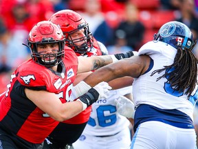 Calgary Stampeders Justin Lawrence during CFL football in Calgary on Thursday, July 18, 2019. Al Charest/Postmedia