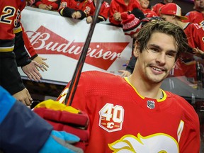 Calgary Flames Sean Monahan hits the ice for warm-up before facing the Ottawa Senators during NHL hockey in Calgary on Saturday November 30, 2019. Al Charest / Postmedia