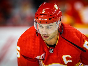 Calgary Flames Mark Giordano during warm-up before facing the Detroit Red Wings during NHL hockey in Calgary on Thursday October 17, 2019. Al Charest / Postmedia