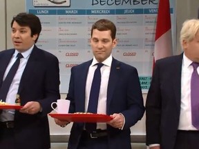 Jimmy Fallon as Trudeau, Paul Rudd as French President Emmanuel Macron, and James Corden as British Prime Minister Boris Johnson on Saturday Night Live on Dec. 7, 2019.