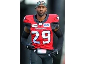 Jamar Wall of the Calgary Stampeders runs onto the field during player introductions before facing the Toronto Argonauts in CFL football on Thursday, July 18, 2019. Al Charest/Postmedia