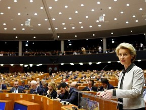 European Commission President Ursula von der Leyen speaks during an extraordinary session to present a Green Deal plan, at the European Parliament in Brussels, Belgium December 11, 2019.