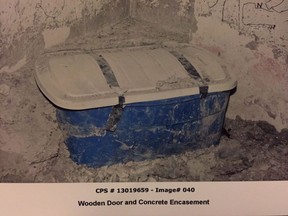 The container investigators allege was used to contain the body of Lisa Mitchell is seen in this undated police handout image which was entered into evidence in the trial of Allan Shyback, who was found guilty of killing Mitchell, 31, and hiding her body in the basement of their home.