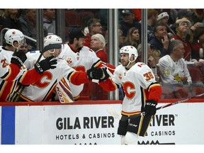 CP-Web.  Calgary Flames center Zac Rinaldo (36) celebrates his goal against the Arizona Coyotes during the second period of an NHL hockey game Tuesday, Dec. 10, 2019, in Glendale, Ariz.