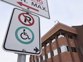 A handicap parking zone in front of city hall on Tuesday in Grande Prairie, Alta.