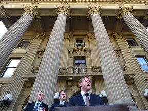 Health Minister Tyler Shandro speaks on the recent federal cuts to health care for members of the Canadian Armed Forces, at the Alberta Legislature in Edmonton, October 9, 2019.