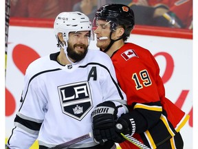 Calgary Flames Matthew Tkachuk and Drew Doughty of the Los Angeles Kings during NHL hockey in Calgary on Tuesday October 8, 2019. Al Charest / Postmedia