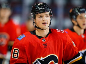 Luke Philp skates in the Battle of Alberta prospects game at Scotiabank Saddledome  on Sept. 10, 2019.