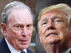 This combination of pictures created on November 8, 2019 shows a file photo taken on May 15, 2019 of Michael Bloomberg arriving to the opening celebration of the Statue of Liberty Museum on Liberty Island in New York and a file photo taken on November 6, 2019 of President Donald Trump speaking during a rally at the Monroe Civic Center in Monroe, Louisiana. (KENA BETANCUR,MANDEL NGAN/AFP via Getty Images)