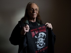 Paul Sussman holding the Hells Angels support hoodie that in 2016 got him in hot water with West Edmonton Mall security. Sussman has since pursued complaints against police officers who attended his detention by security guards at the mall. Sussman said the officers wouldn't investigate his assault claims against the guards.