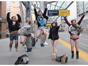 It might have been a little warmer back in 2012, when Thomas Terashima, Karen Berry, Kerry Harwood, Darlene (only wanted to give first name) and Cindy (only wanted to give first name) jumped for joy after participating in No Pants Day in Calgary, on January 8 that year.