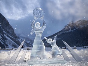 An ice sculpture from  the 2019 Ice Magic Festival at Lake Louise  called Sun Dance seems to be beckoning the gods. The beautiful statue was carved by Team Sakha from Russia. Photo by Pam Doyle/pamdoylephoto.com