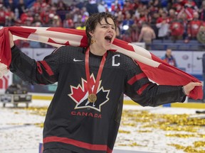 Canada's captain Barrett Hayton celebrates after defeating Russia 4-3 in the gold medal game at the World Junior Hockey Championships, Sunday, January 5, 2020 in Ostrava, Czech Republic. THE CANADIAN PRESS/Ryan Remiorz