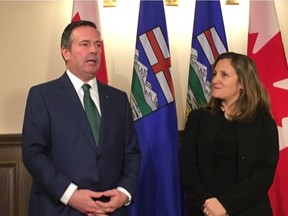Alberta Premier Jason Kenney meets with Deputy Prime Minister Chrystia Freeland on Tuesday, Jan. 7, 2020 at McDougall Centre in Calgary.