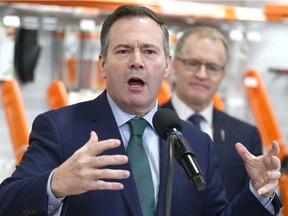 Alberta Premier Jason Kenney gestures as he speaks at Arn's Equipment in Calgary on Tuesday, January 21, 2020.