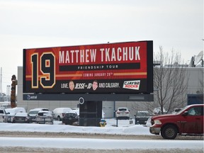 A billboard in Edmonton, AB displaying Calgary Flames player Matthew Tkachuk's name is shown. The "Matthew Tkachuk Friendship Tour" billboard arrived in Edmonton Wednesday, after a heated Battle of Alberta sparked fundraising battles between hockey fans in the rival cities. The giant electronic billboard popped up on Stony Plain Road Wednesday afternoon. Courtesy CTV Edmonton