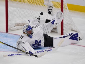 Atlantic Division goaltender Frederik Andersen (31) of the Toronto Maple Leafs makes a save against the Pacific Division in the 2020 NHL All Star Game at Enterprise Center in St. Louis, Mo., on Jan. 25, 2020.