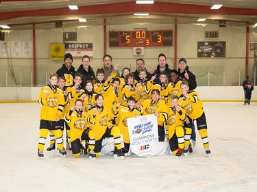 Calgary Herald, Jan. 19, 2020 The Bow River 1 Bruins captured the Atom 1 North Division during Esso Minor Hockey Week in Calgary on Jan. 18, 2020. coryhardingphotography.com