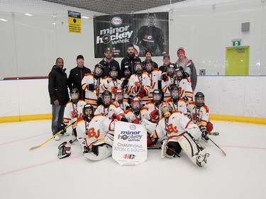 Calgary Herald, Jan. 19, 2020 The Atom 6 South Division Esso Minor Hockey Week champions in Calgary on Jan. 18, 2020, were the South Bow Valley 6 Black Flames. coryhardingphotography.com