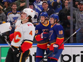 Oskar Sundqvist of the St. Louis Blues celebrates his goal against the Calgary Flames on Nov. 21, 2019 in St Louis.