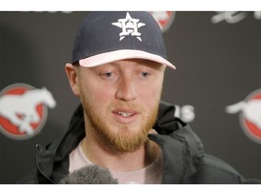 Calgary Stampeders Quarterback Bo Levi Mitchell speaks to media after the team lost the West Division Semi-Final game against the Winnipeg Blue BombersMonday, November 11, 2019. Dean Pilling/Postmedia