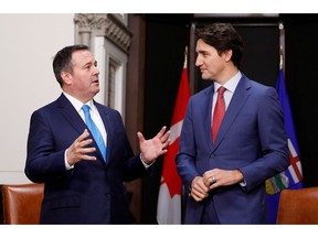 Alberta Premier Jason Kenney meets with Prime Minister Justin Trudeau on Parliament Hill last month. Reuters file photo.