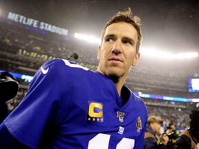 Giants quarterback Eli Manning looks on while leaving the field after the second half of the game against the Eagles at MetLife Stadium in East Rutherford, N.J., on Dec. 29, 2019.