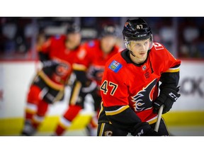 Calgary Flames Matthew Phillips during the pre-game skate before facing the San Jose Sharks in NHL pre-season hockey at the Scotiabank Saddledome in Calgary on Tuesday, September 25, 2018. Al Charest/Postmedia