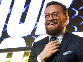 Mixed martial arts star Conor McGregor of Ireland attends a media briefing in central Moscow on Oct. 24, 2019 to announce his next MMA combat schedule on Jan. 18, 2020 in Las-Vegas. (KIRILL KUDRYAVTSEV/AFP via Getty Images)