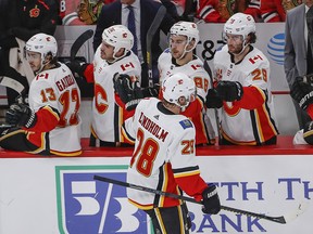 Calgary Flames Elias Lindholm celebrates a goal against the Chicago Blackhawks in the second period at United Center on Tuesday, Jan. 7, 2020.
