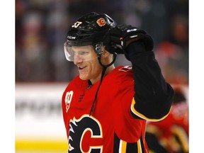 Calgary Flames Buddy Robinson during warm up before taking on the St. Louis Blues in Calgary on Tuesday, January 28, 2020. Darren Makowichuk/Postmedia