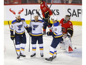 Calgary Flames goalie Cam Talbot is scored on by St. Louis Blues, Jaden Schwartz in first period action at the Scotiabank Saddledome in Calgary on Tuesday, January 28, 2020. Darren Makowichuk/Postmedia