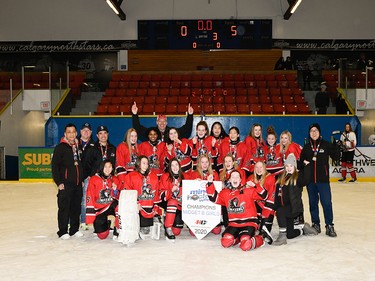 Calgary Herald, Jan. 19, 2020 The GHC Bantam 2 White Inferno prevailed in the Midget B Girls Division of Esso Minor Hockey Week in Calgary on Jan. 18, 2020. coryhardingphotography.com