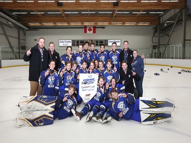 Christina Ryan, Calgary Herald, Calgary, Alberta: JANUARY 18, 2020 - The CRAA Royals White show off their medals after winning 5-3 in the Bantam AA final during the Esso Minor Hockey Week tournament, on January 18, 2020, in Calgary. (Christina Ryan/Calgary Herald)