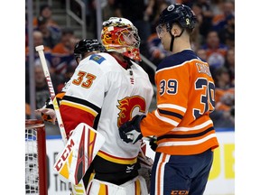 The Edmonton Oilers' Alex Chiasson (39) has words with the Calgary Flames' goalie David Rittich (33) during third period NHL action at Rogers Place, in Edmonton Wednesday Jan. 29, 2020. Photo by David Bloom