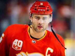 Calgary Flames Mark Giordano during warm-up before facing the Chicago Blackhawks during NHL hockey in Calgary on Tuesday December 31, 2019.