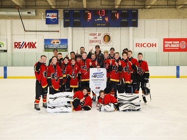 Calgary Herald, Jan. 19, 2020 The Esso Minor Hockey Week Pee Wee 4 South Division champions in Calgary were the Bow Valley 4 White Flames, taking the title on  Jan. 18, 2020. coryhardingphotography.com
