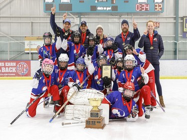 The Calgary BV Reign triumphed in the U10S3 Division of the Esso Golden Ring ringette tournament in Calgary on Jan. 19, 2020. hiredgunphoto.ca