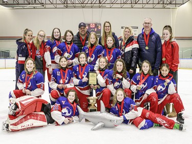 Winning gold in the U12A Division of the Esso Golden Ring ringette tournament in Calgary on Jan. 19, 2020, were the BV Edge. hiredgunphoto.ca