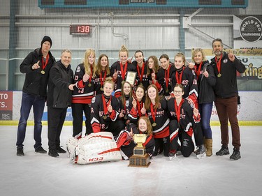 Finishing No. 1 in the U14A Division of the Esso Golden Ring ringette tournament in Calgary on Jan. 19, 2020, were the Calgary Northwest Rampage. hiredgunphoto.ca