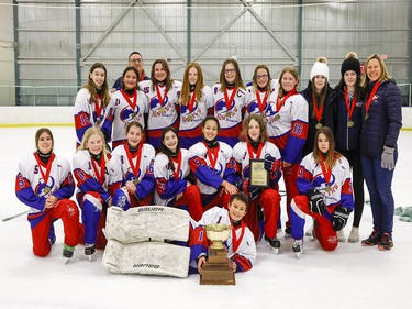 Grabbing gold in the U14C Division of the Esso Golden Ring ringette tournament in Calgary on Jan. 19, 2020, were the Calgary BV Eclipse. hiredgunphoto.ca