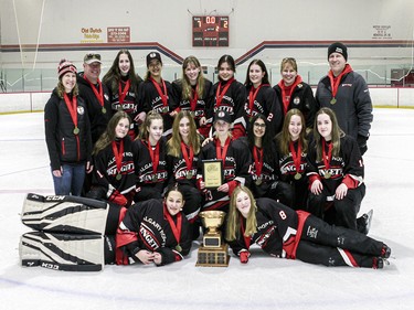 Coming through on top of the U16A Division in the Esso Golden Ring ringette tournament were the Calgary Northwest Forte after a win on Jan. 19, 2020 in Calgary. hiredgunphoto.ca