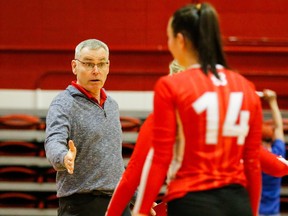 Trojans women’s volleyball coach Art O’ Dwyer coached his final game at SAIT’s Campus Centre on Friday night. Photo by Daylin Holmen/Special to Postmedia.