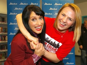 L-R, Leela Sharon Aheer, Minister of Culture, Multiculturalism and Status of Women introduces Alberta's first Ambassador for Sport and Active Living, Olympian Erica Wiebe at Muriel Clayton Middle School in Airdrie on Saturday, February 15, 2020. Darren Makowichuk/Postmedia