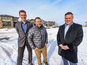 From Left; Birol Fisekci, Bordeaux Developments CEO and President, Martin Paquette, Groupe Nordik CEO and Founder, and Thilo Kaufmann,  Assets- Qualico Communities General Manager, pose for a photo at the Community of Harmony on Monday, February 24, 2020. Azin Ghaffari/Postmedia