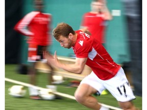 Cavalry FC's Nico Pasquotti hits his stride in a 30-metre sprint during fitness-testing in Calgary at the Macron Performance Centre on Wednesday.The CPL team starts full training camp on Monday. Photo by Jim Wells/Postmedia.