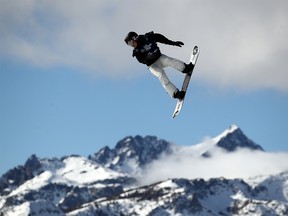 MAMMOTH, CALIFORNIA - JANUARY 30:  Laurie Blouin of Canada goes over a jump during the Women's Snowboard Slope Style Qualifications at the 2020 U.S. Grand Prix at Mammoth Mountain on January 30, 2020 in Mammoth, California.  (Photo by Ezra Shaw/Getty Images)