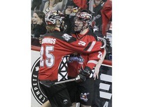 The roughnecks celebrate the 1st goal from Shane Simpson during the 1st half of action as the Calgary Roughnecks take on the New York Riptide at the Saddledome.  Saturday, February 8, 2020. Brendan Miller/Postmedia