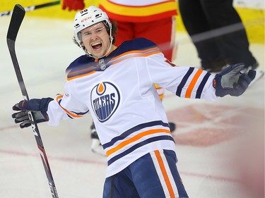 Edmonton Oilers Kailer Yamamoto celebrates after  a goal against goalie David Rittich of the Calgary Flames during NHL hockey in Calgary on Saturday February 1, 2020.